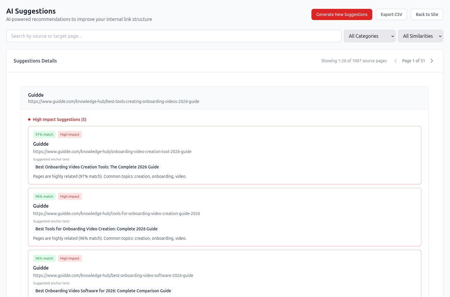redCacti AI suggestions for improving internal links