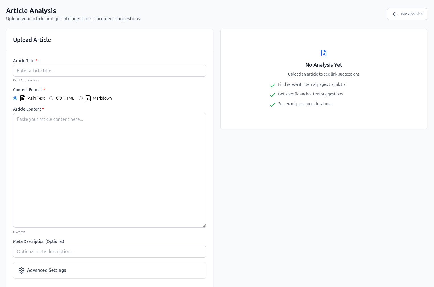 redCacti article analysis with contextual linking recommendations