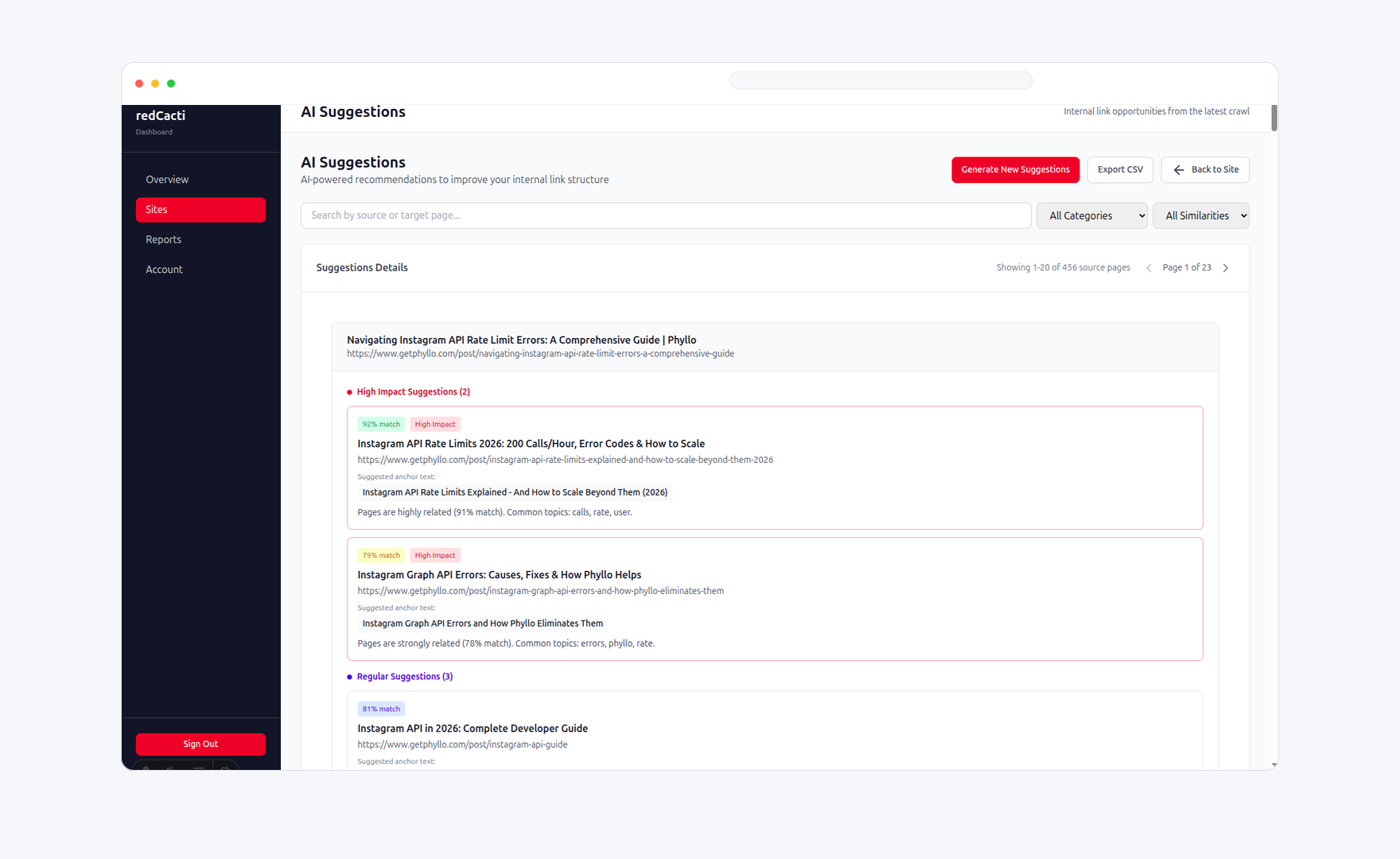 redCacti internal link suggestions showing source and target page context with match confidence